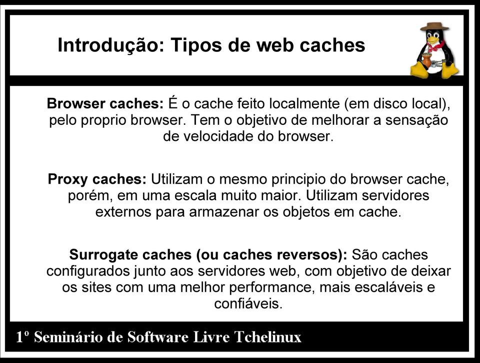 Proxy caches: Utilizam o mesmo principio do browser cache, porém, em uma escala muito maior.