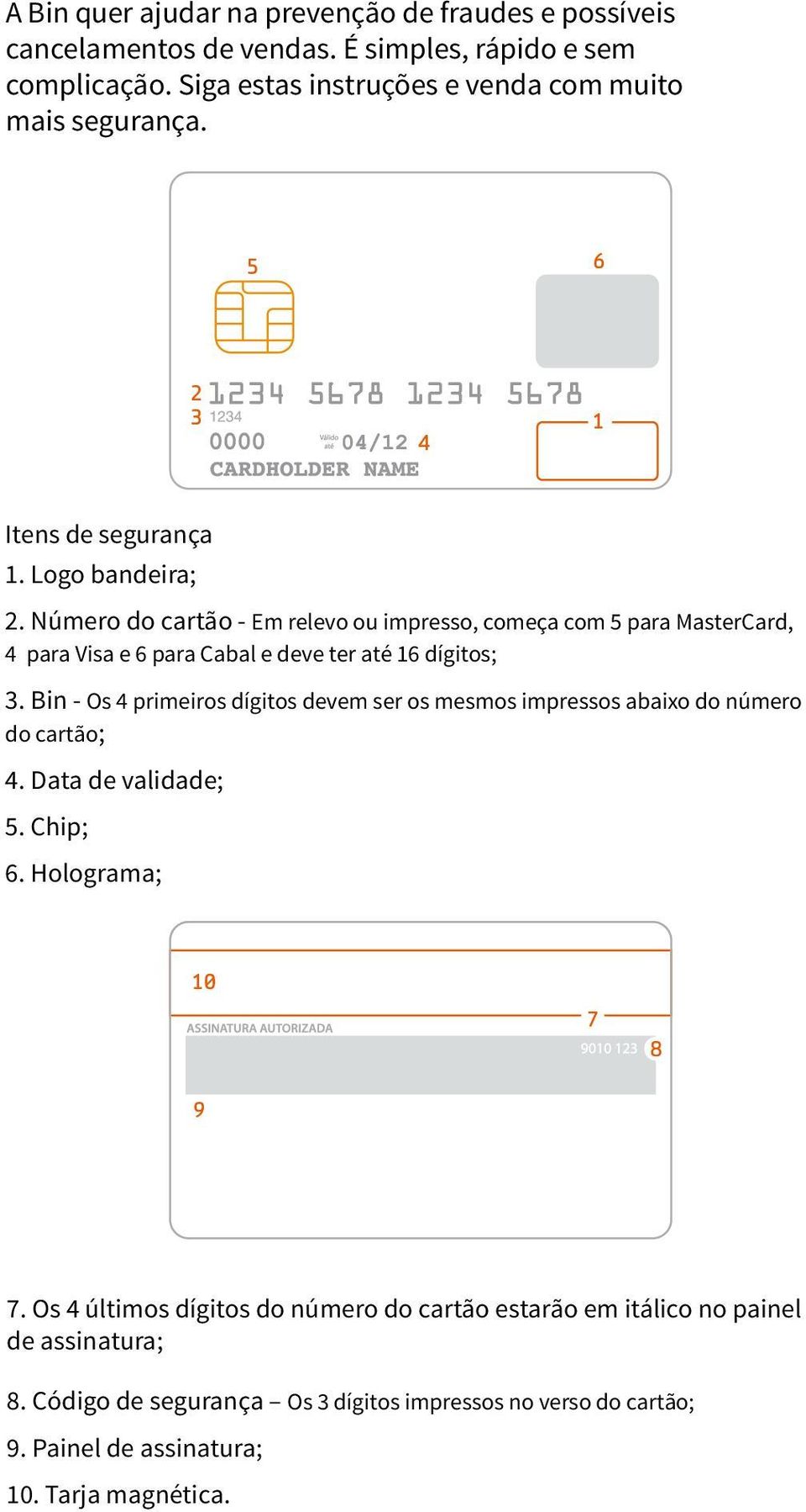 Bin - Os 4 primeiros dígitos devem ser os mesmos impressos abaixo do número do cartão; 4. Data de validade; 5. Chip; 6. Holograma; 10 7 8 9 7.