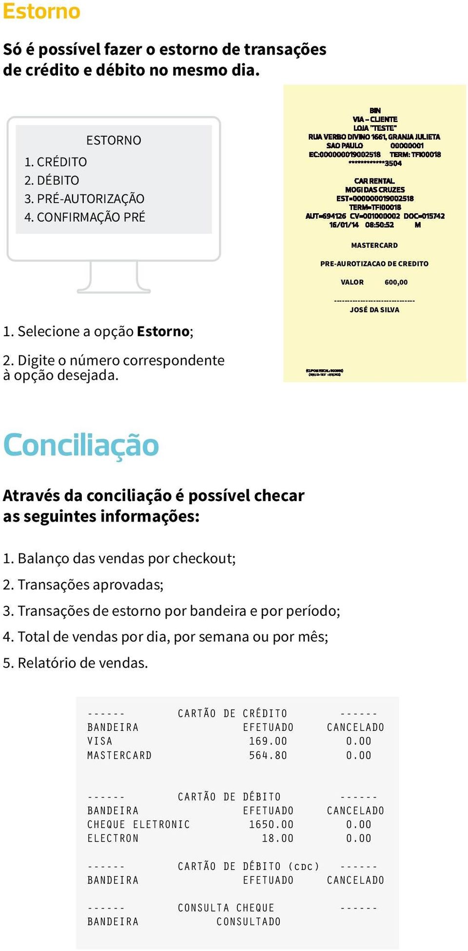 Conciliação Através da conciliação é possível checar as seguintes informações: 1. Balanço das vendas por checkout; 2. Transações aprovadas; 3. Transações de estorno por bandeira e por período; 4.