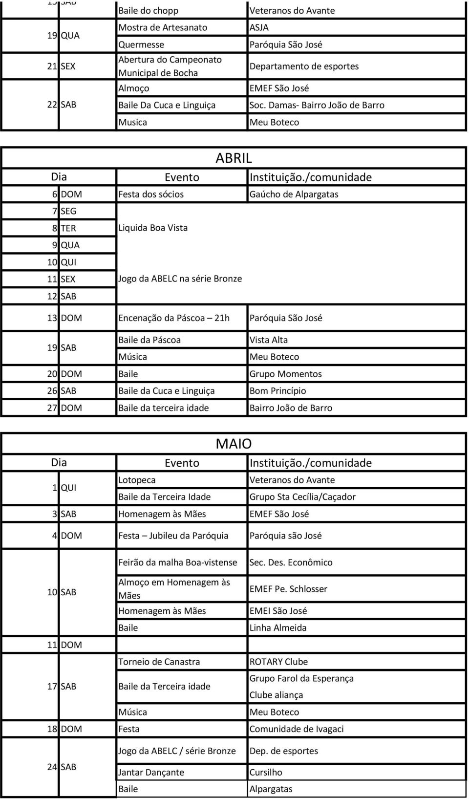 Damas- Bairro João de Barro ABRIL 6 DOM Festa dos sócios Gaúcho de Alpargatas 7 SEG 8 TER 9 QUA 10 QUI 11 SEX 12 SAB 13 DOM Liquida Boa Vista Jogo da ABELC na série Bronze Encenação da Páscoa 21h