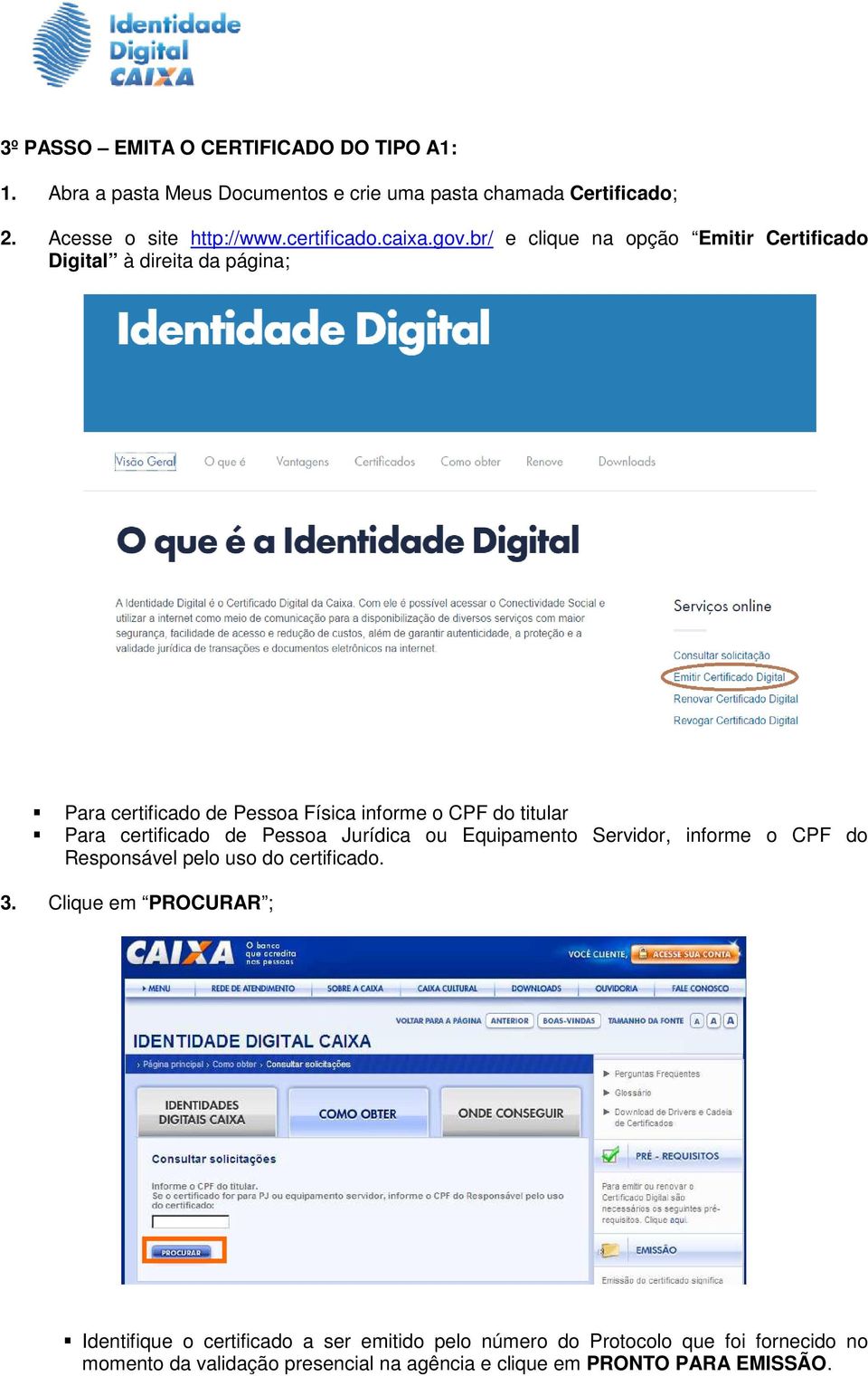 br/ e clique na opção Emitir Certificado Digital à direita da página; Para certificado de Pessoa Física informe o CPF do titular Para certificado