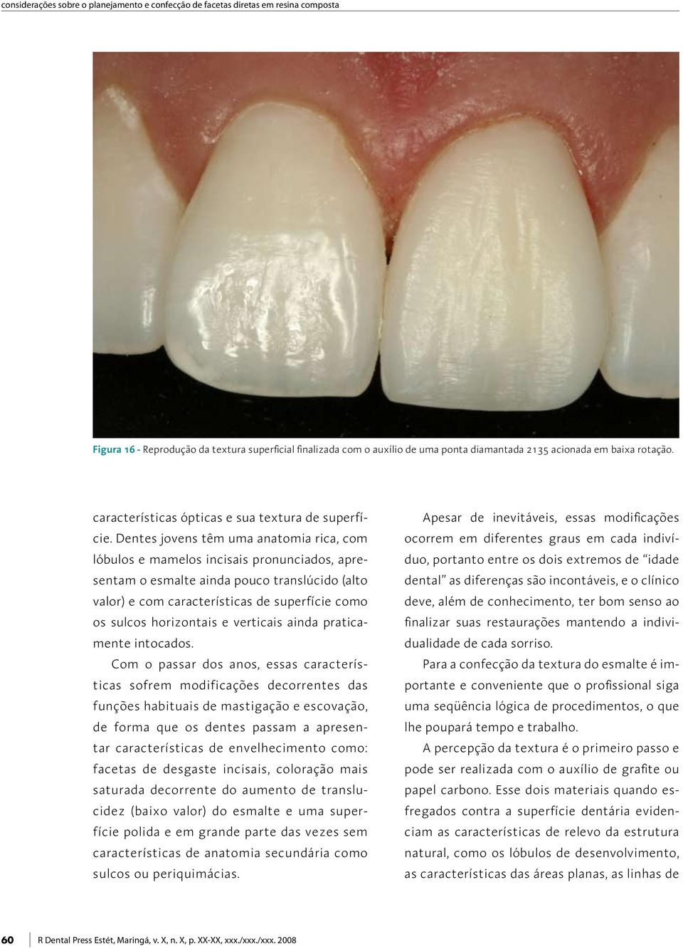 Dentes jovens têm uma anatomia rica, com lóbulos e mamelos incisais pronunciados, apresentam o esmalte ainda pouco translúcido (alto valor) e com características de superfície como os sulcos