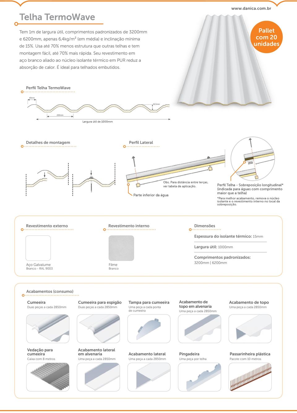 É ideal para telhados embutidos. www.danica.com.br Pallet com 20 unidades Perfil Telha TermoWave 65 42,5 200 Largura útil de 1000 Detalhes de montagem Perfil Lateral Parte inferior da água Obs.