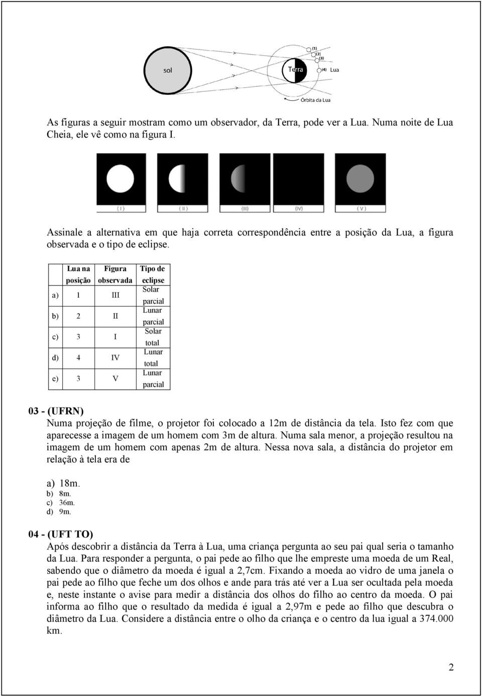 a) b) c) d) e) Lua na posição 1 2 3 4 3 Figura observada III II I IV V Tipo de eclipse Solar parcial Lunar parcial Solar total Lunar total Lunar parcial 03 - (UFRN) Numa projeção de filme, o projetor