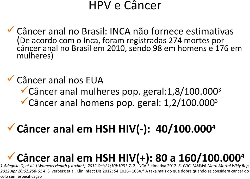 0003 Câncer anal em HSH HIV(-): 40/100.0004 Câncer anal em HSH HIV(+): 80 a 160/100.0004 1.Adegoke O, et al. J Womens Health (Larchmt). 2012 Oct;21(10):1031-7. 2. INCA Estimativa 2012.