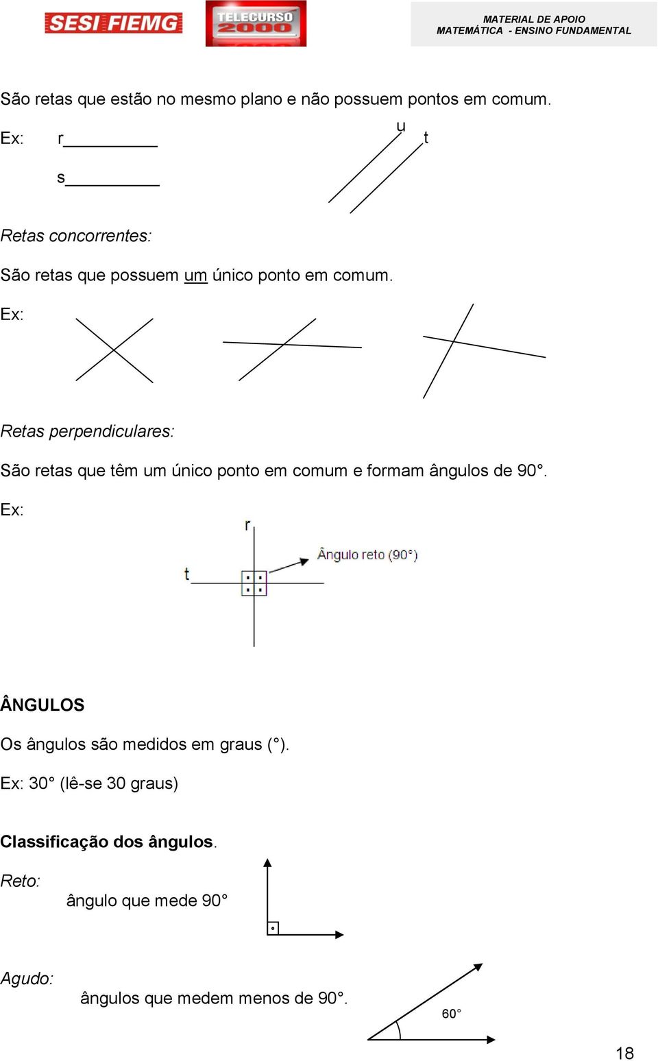 Ex: Retas perpendiculares: São retas que têm um único ponto em comum e formam ângulos de 90.