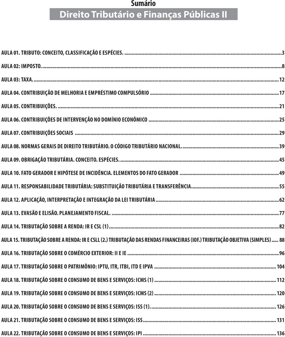 Normas Gerais de Direito Tributário. O Código Tributário Nacional... 39 Aula 09. Obrigação Tributária. Conceito. Espécies... 45 Aula 10. Fato gerador e hipótese de incidência.