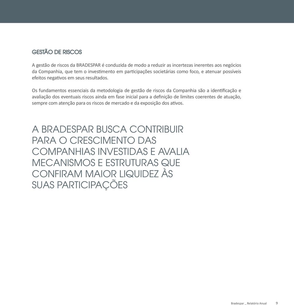 Os fundamentos essenciais da metodologia de gestão de riscos da Companhia são a identificação e avaliação dos eventuais riscos ainda em fase inicial para a definição de limites