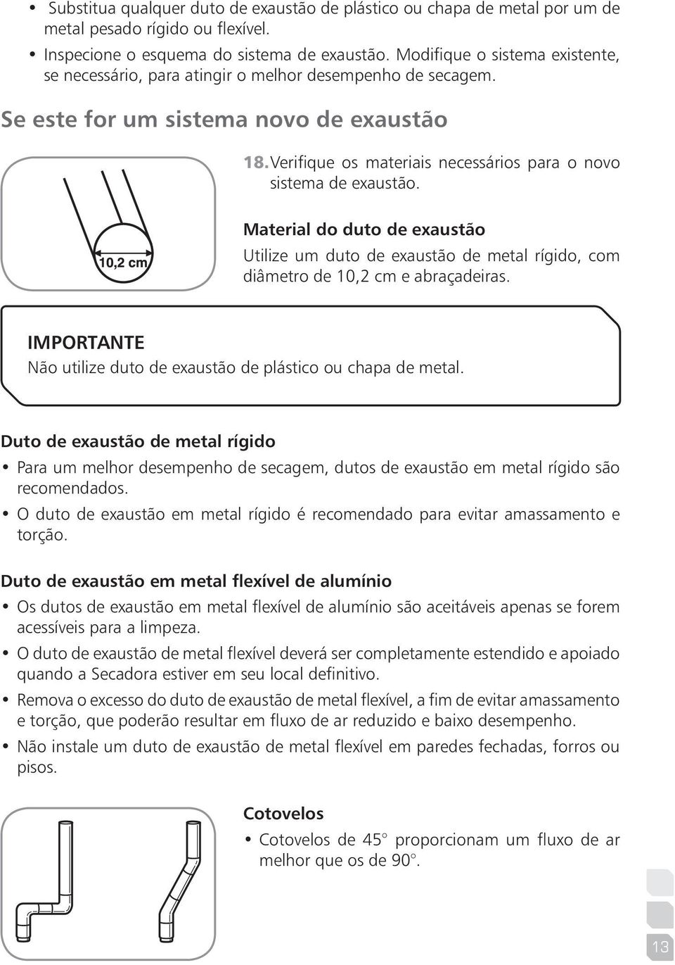 Verifique os materiais necessários para o novo sistema de exaustão. Material do duto de exaustão Utilize um duto de exaustão de metal rígido, com diâmetro de 10,2 cm e abraçadeiras.