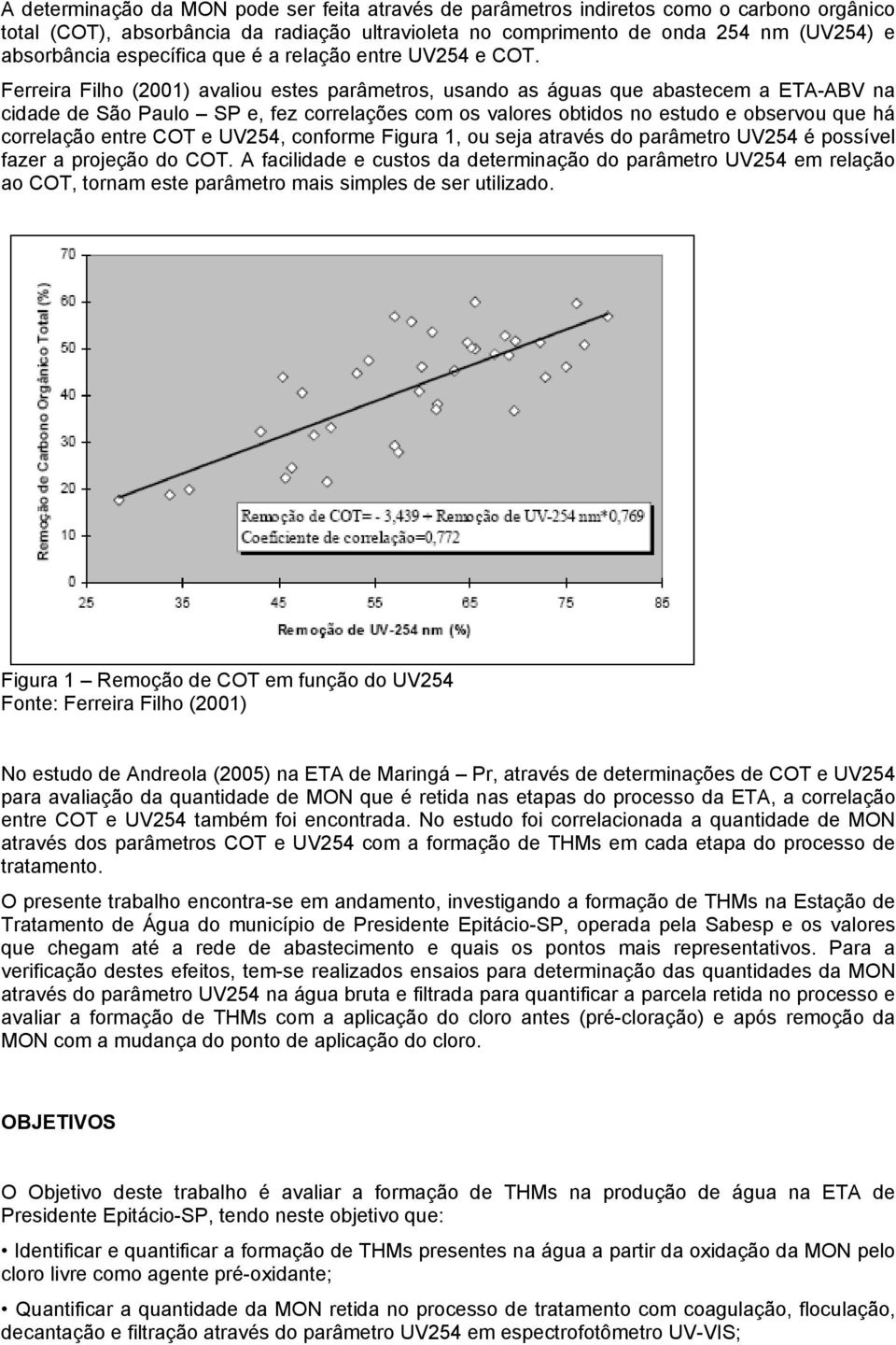 Ferreira Filho (2001) avaliou estes parâmetros, usando as águas que abastecem a ETA-ABV na cidade de São Paulo SP e, fez correlações com os valores obtidos no estudo e observou que há correlação
