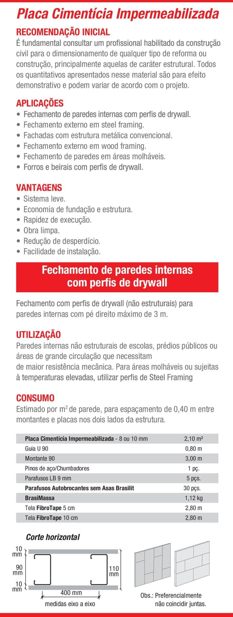 Fachadas com estrutura metálica convencional. Fechamento externo em wood framing. Fechamento de paredes em áreas molháveis. VANTAGENS Sistema leve. Economia de fundação e estrutura.