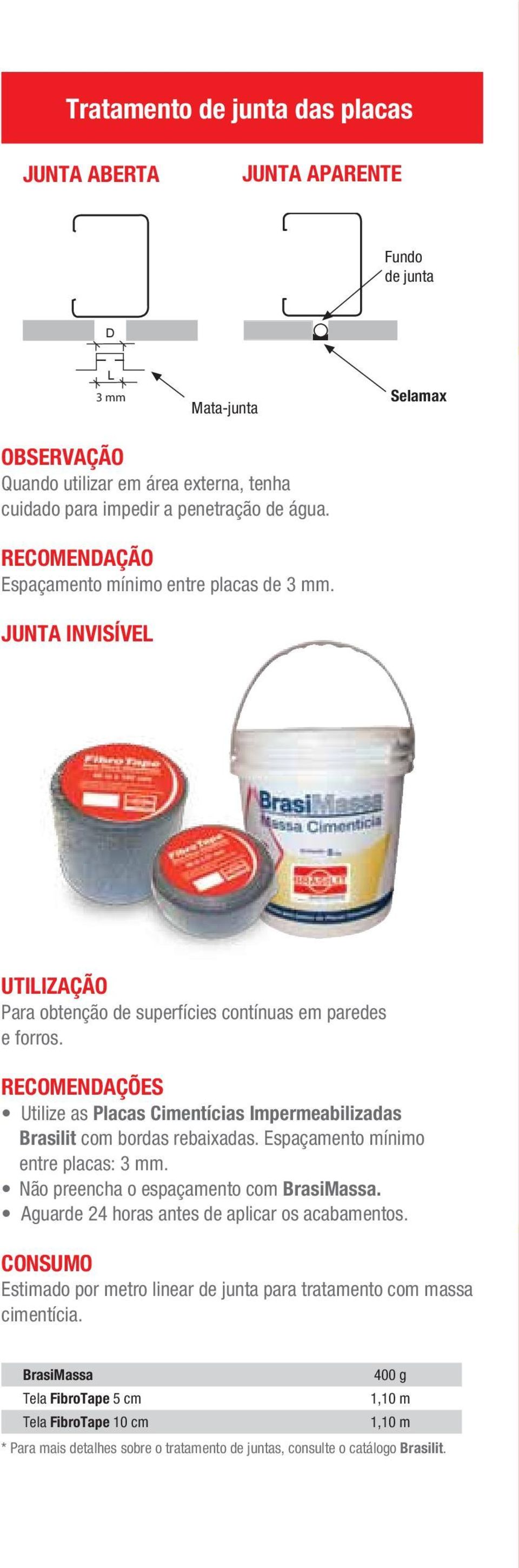 RECOMENDAÇÕES Utilize as Placas Cimentícias Impermeabilizadas Brasilit com bordas rebaixadas. Espaçamento mínimo entre placas: 3 mm. Não preencha o espaçamento com BrasiMassa.