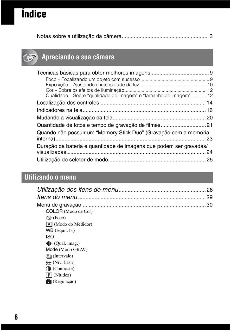 .. 14 Indicadores na tela...16 Mudando a visualização da tela... 20 Quantidade de fotos e tempo de gravação de filmes...21 Quando não possuir um Memory Stick Duo (Gravação com a memória interna).