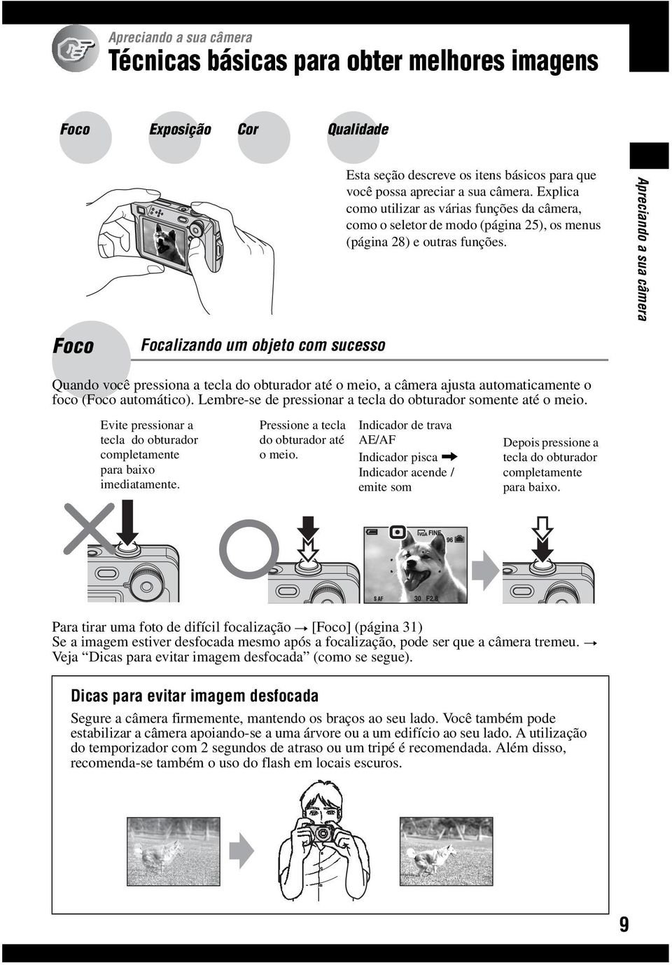 Apreciando a sua câmera Foco Focalizando um objeto com sucesso Quando você pressiona a tecla do obturador até o meio, a câmera ajusta automaticamente o foco (Foco automático).