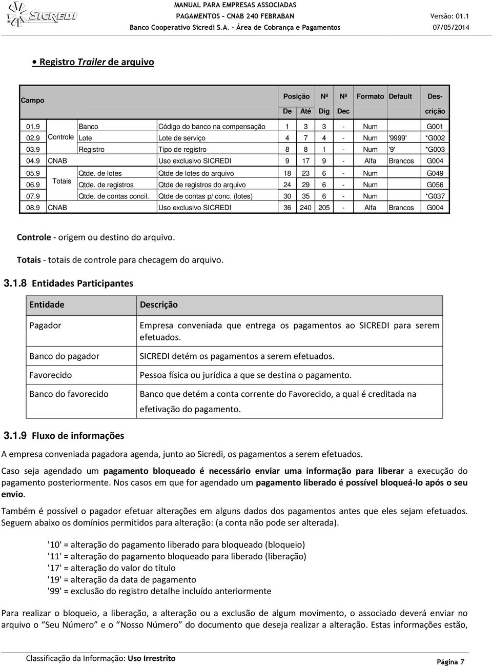 de lotes Qtde de lotes do arquivo 18 23 6 - Num G049 06.9 Totais Qtde. de registros Qtde de registros do arquivo 24 29 6 - Num G056 07.9 Qtde. de contas concil. Qtde de contas p/ conc.