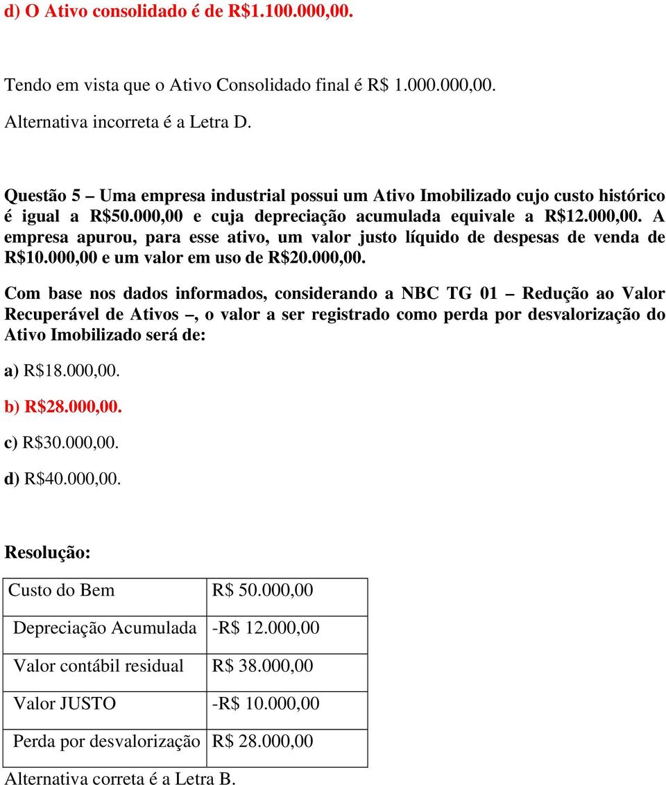 000,00 e um valor em uso de R$20.000,00. Com base nos dados informados, considerando a NBC TG 01 Redução ao Valor Recuperável de Ativos, o valor a ser registrado como perda por desvalorização do Ativo Imobilizado será de: a) R$18.