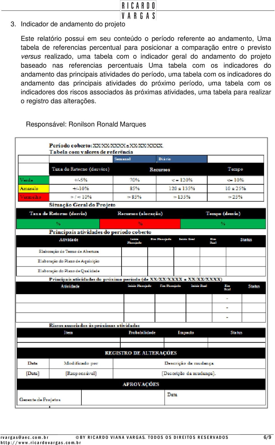 atividades do período, uma tabela com os indicadores do andamento das principais atividades do próximo período, uma tabela com os indicadores dos riscos associados às próximas