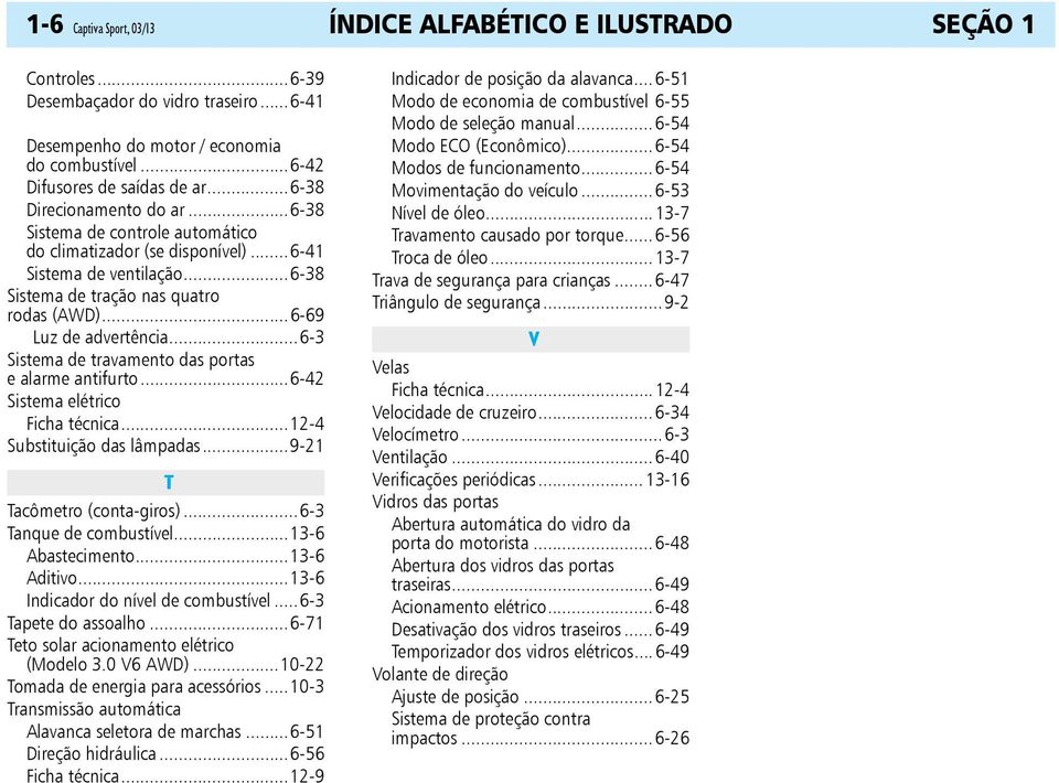 ..6-3 Sistema de travamento das portas e alarme antifurto...6-42 Sistema elétrico Ficha técnica...12-4 Substituição das lâmpadas...9-21 T Tacômetro (conta-giros)...6-3 Tanque de combustível.