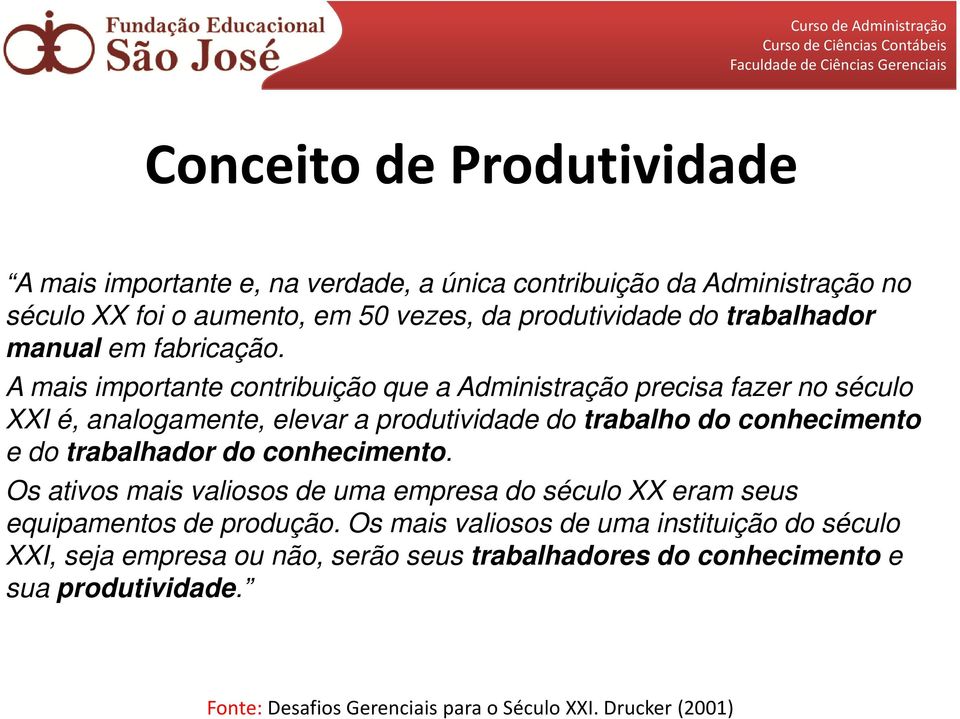 A mais importante contribuição que a Administração precisa fazer no século XXI é, analogamente, elevar a produtividade do trabalho do conhecimento e do trabalhador