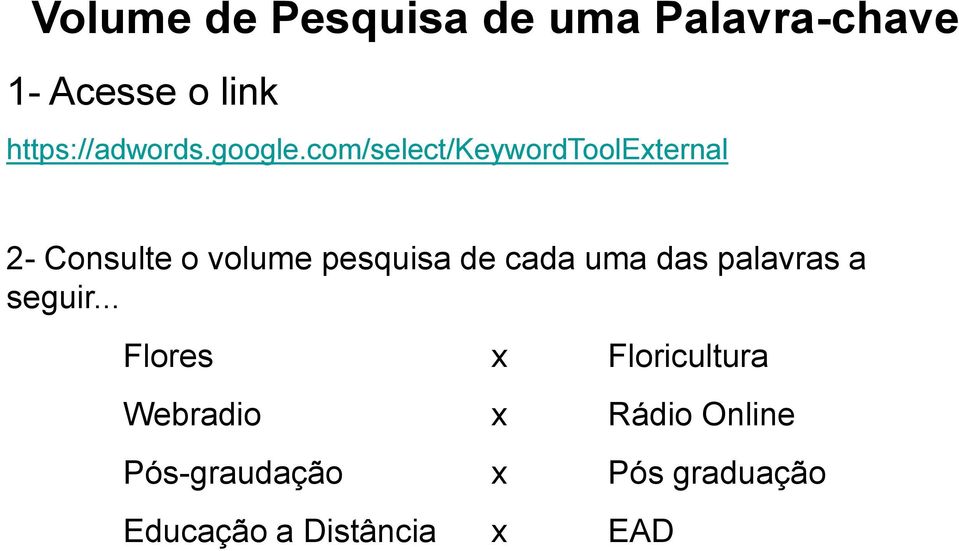 com/select/keywordtoolexternal 2- Consulte o volume pesquisa de cada