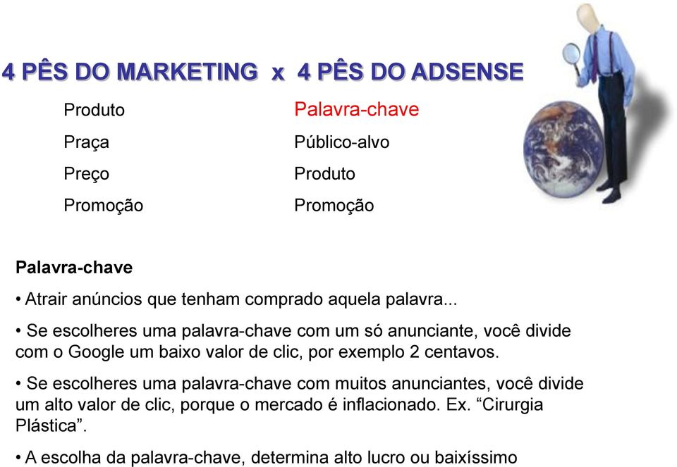 .. Se escolheres uma palavra-chave com um só anunciante, você divide com o Google um baixo valor de clic, por exemplo 2 centavos.