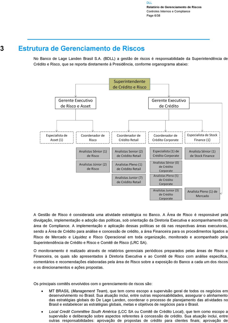 atividade estratégica no Banco. A Área de Risco é responsável pela divulgação, implementação e adoção das políticas, sob orientação da Diretoria Executiva e acompanhamento da área de Compliance.