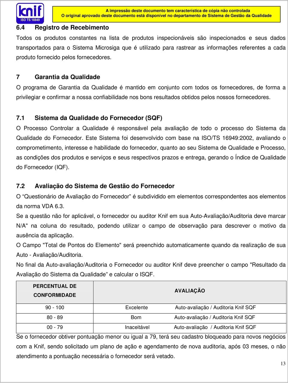 7 Garantia da Qualidade O programa de Garantia da Qualidade é mantido em conjunto com todos os fornecedores, de forma a privilegiar e confirmar a nossa confiabilidade nos bons resultados obtidos