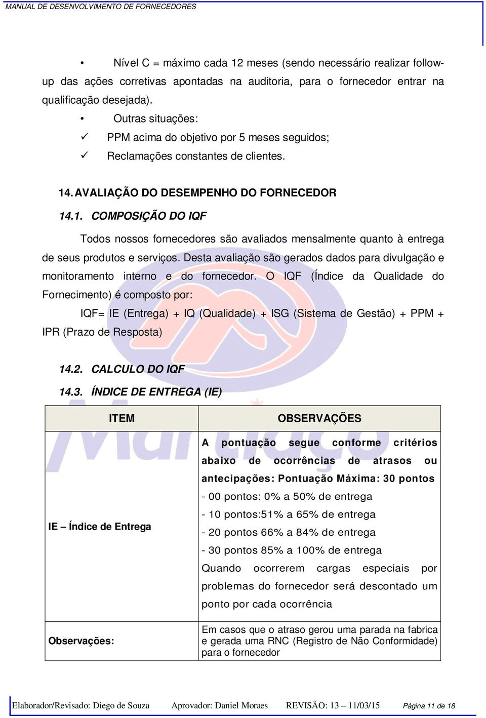 . AVALIAÇÃO DO DESEMPENHO DO FORNECEDOR 14.1. COMPOSIÇÃO DO IQF Todos nossos fornecedores são avaliados mensalmente quanto à entrega de seus produtos e serviços.