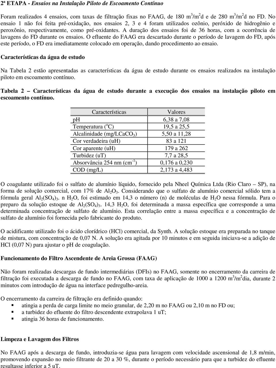 A duração dos ensaios foi de 36 horas, com a ocorrência de lavagens do FD durante os ensaios.