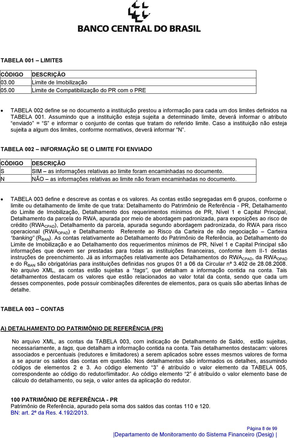 Assumindo que a instituição esteja sujeita a determinado limite, deverá informar o atributo enviado = S e informar o conjunto de contas que tratam do referido limite.