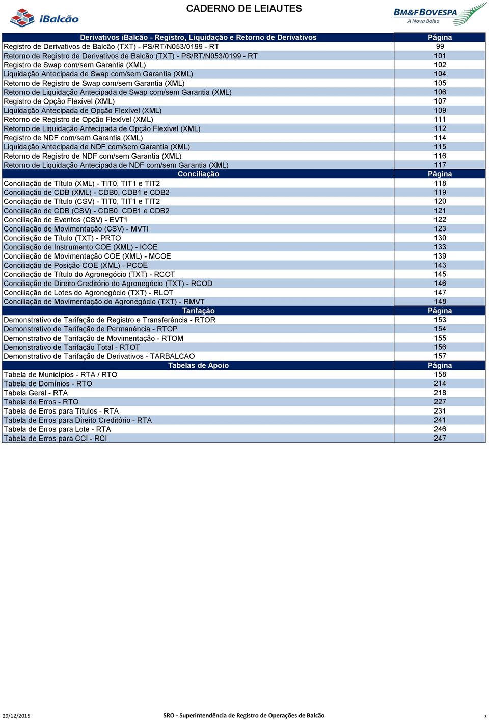 Retorno de Liquidação Antecipada de Swap com/sem Garantia (XML) 106 Registro de Opção Flexível (XML) 107 Liquidação Antecipada de Opção Flexível (XML) 109 Retorno de Registro de Opção Flexível (XML)