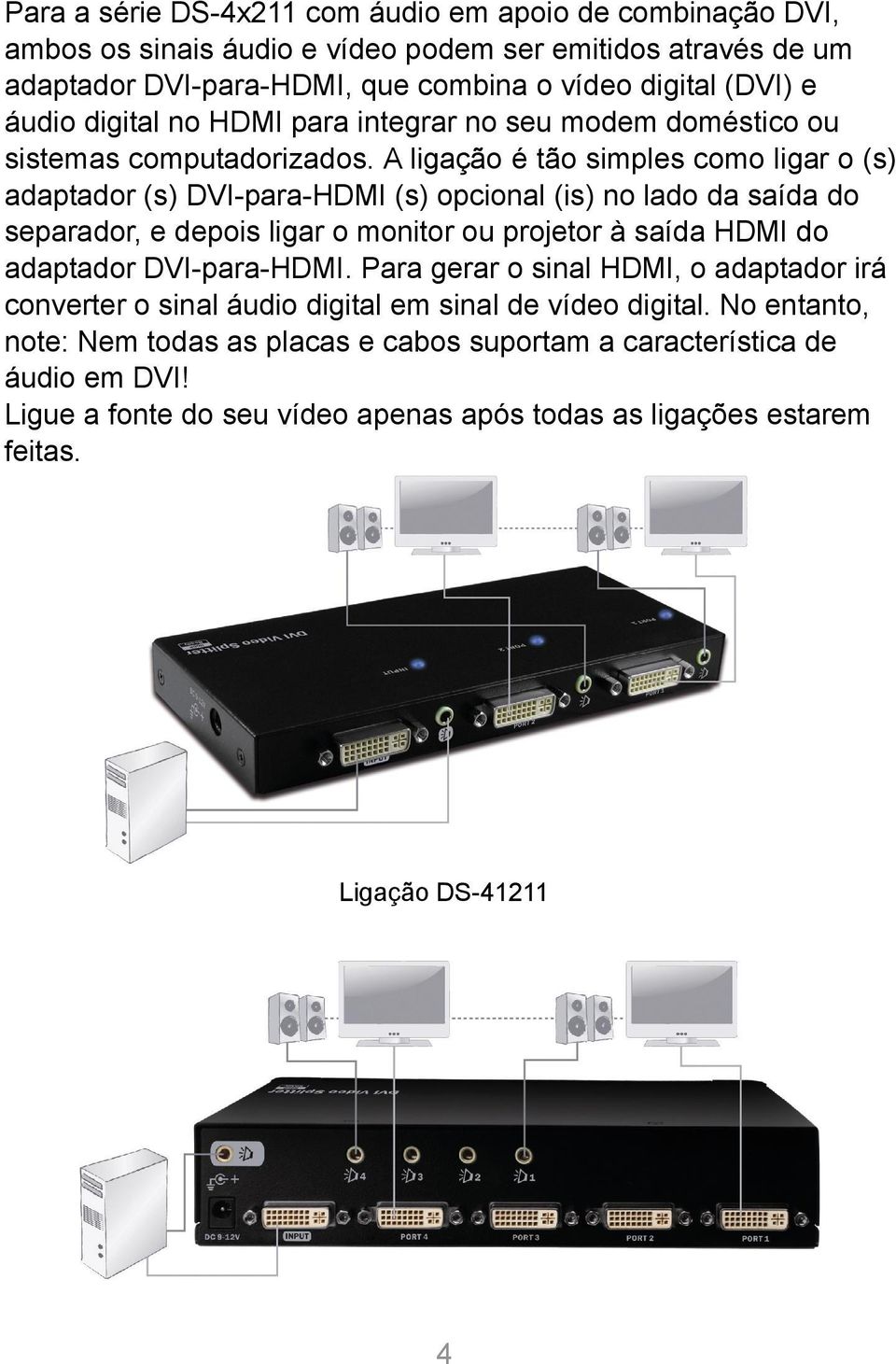 A ligação é tão simples como ligar o (s) adaptador (s) DVI-para-HDMI (s) opcional (is) no lado da saída do separador, e depois ligar o monitor ou projetor à saída HDMI do adaptador