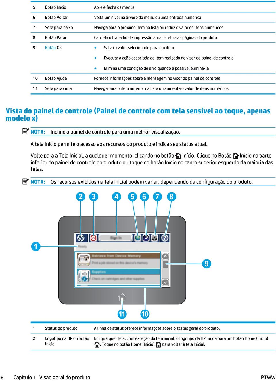 controle Elimina uma condição de erro quando é possível eliminá-la 10 Botão Ajuda Fornece informações sobre a mensagem no visor do painel de controle 11 Seta para cima Navega para o item anterior da