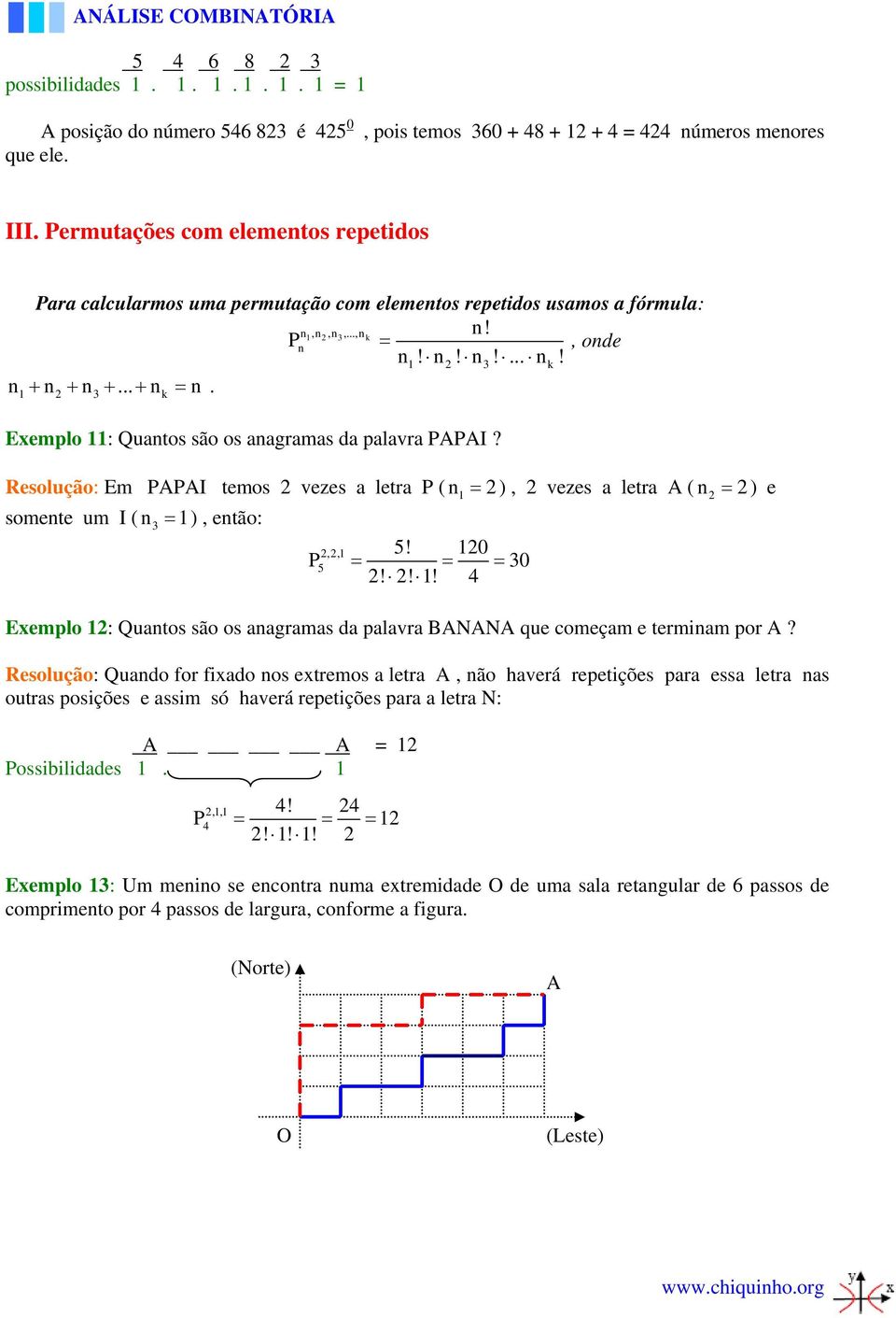 1 3 k Exemplo 11: Quantos são os anagramas da palavra PAPAI? Resolução: Em PAPAI temos vezes a letra P ( n 1 = ), vezes a letra A ( n = ) e somente um I ( n = 1), então: 3,,1 5! 10 P5 = = = 30!! 1! 4 Exemplo 1: Quantos são os anagramas da palavra BANANA que começam e terminam por A?