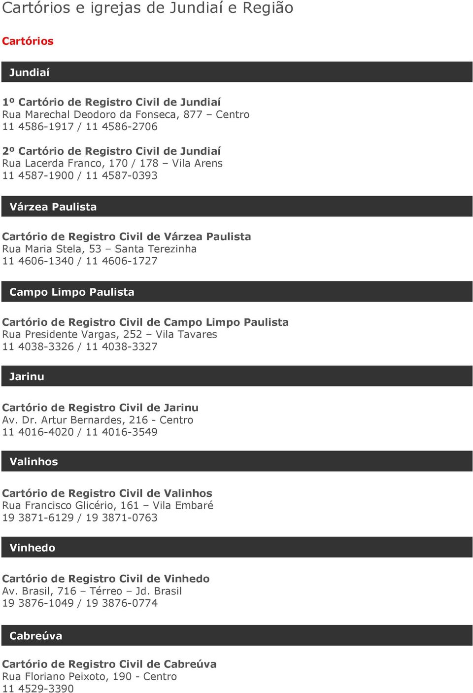 11 4606-1727 Campo Limpo Paulista Cartório de Registro Civil de Campo Limpo Paulista Rua Presidente Vargas, 252 Vila Tavares 11 4038-3326 / 11 4038-3327 Jarinu Cartório de Registro Civil de Jarinu Av.