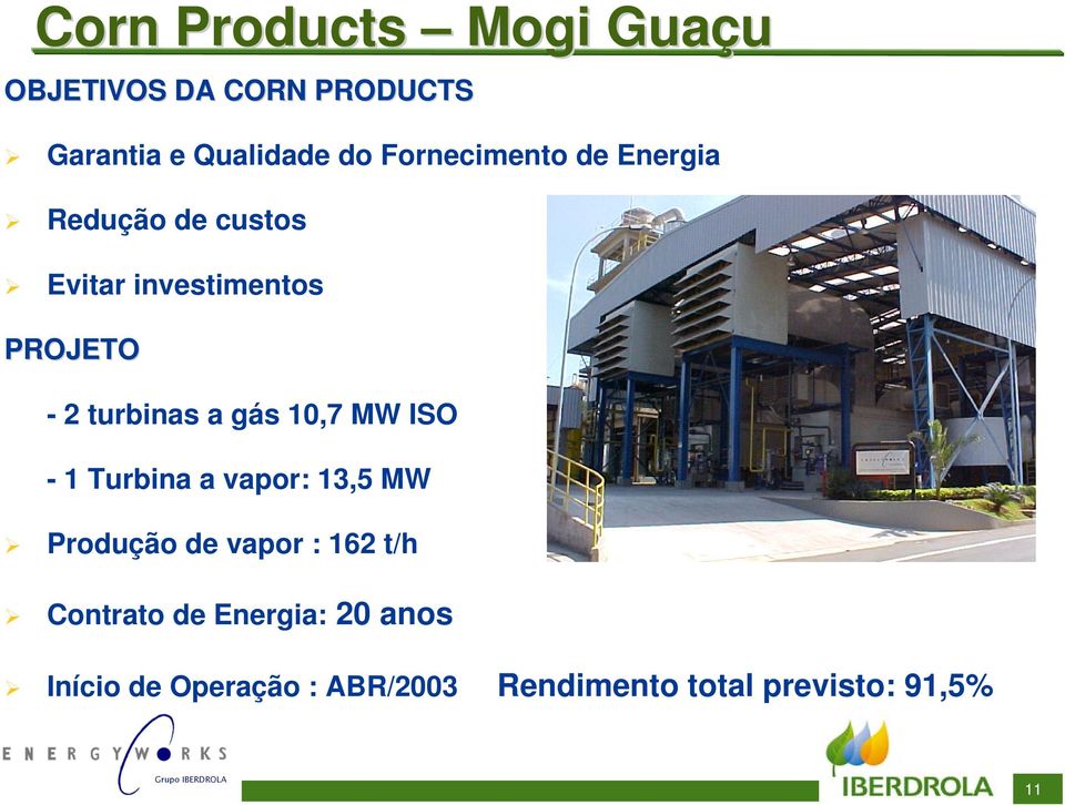 turbinas a gás 10,7 MW ISO - 1 Turbina a vapor: 13,5 MW Produção de vapor : 162