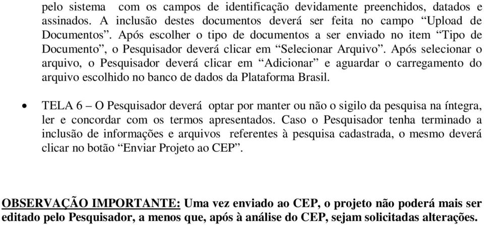 Após selecionar o arquivo, o Pesquisador deverá clicar em Adicionar e aguardar o carregamento do arquivo escolhido no banco de dados da Plataforma Brasil.