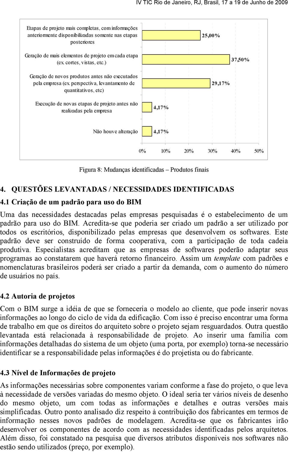 perspectiva, levantamento de quantitativos, etc) 29,17% Execução de novas etapas de projeto antes não realizadas pela empresa 4,17% Não houve alteração 4,17% 0% 10% 20% 30% 40% 50% Figura 8: Mudanças