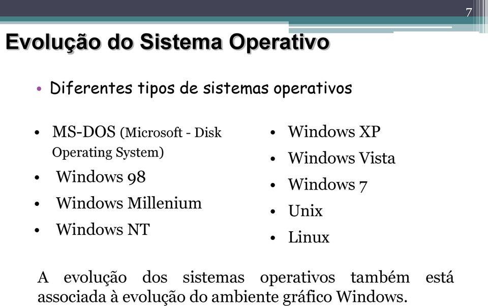 Windows NT Windows XP Windows Vista Windows 7 Unix Linux A evolução dos
