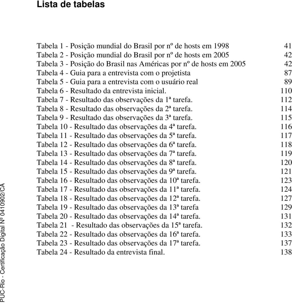 110 Tabela 7 - Resultado das observações da 1ª tarefa. 112 Tabela 8 - Resultado das observações da 2ª tarefa. 114 Tabela 9 - Resultado das observações da 3ª tarefa.