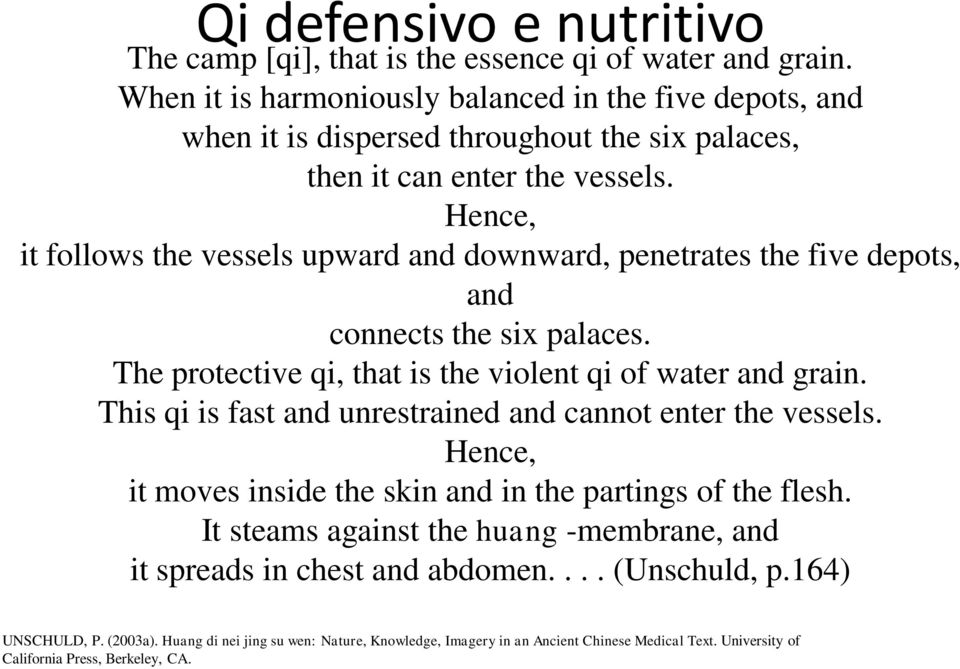 Hence, it follows the vessels upward and downward, penetrates the five depots, and connects the six palaces. The protective qi, that is the violent qi of water and grain.