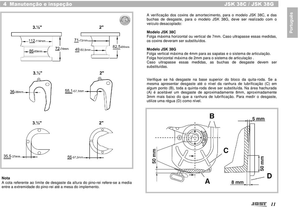 Português Modelo JSK 38G Folga vertical máxima de 4mm para as sapatas e o sistema de articulação. Folga horizontal máxima de 2mm para o sistema de articulação.