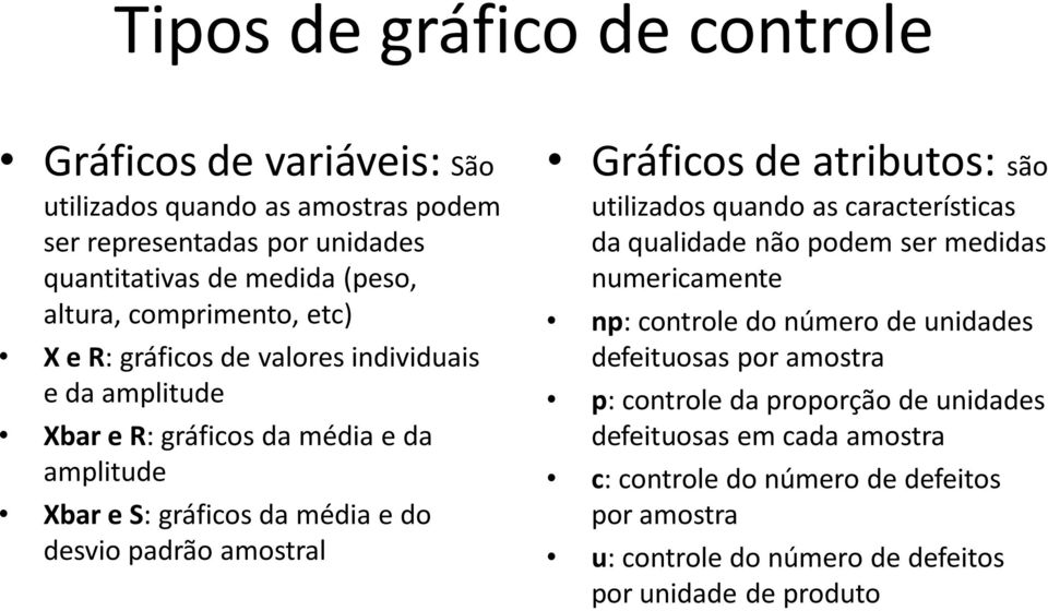 amostral Gráficos de atributos: são utilizados quando as características da qualidade não podem ser medidas numericamente np: controle do número de unidades