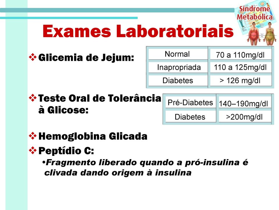Pré-Diabetes 140 190mg/dl Diabetes >200mg/dl Hemoglobina Glicada Peptídio