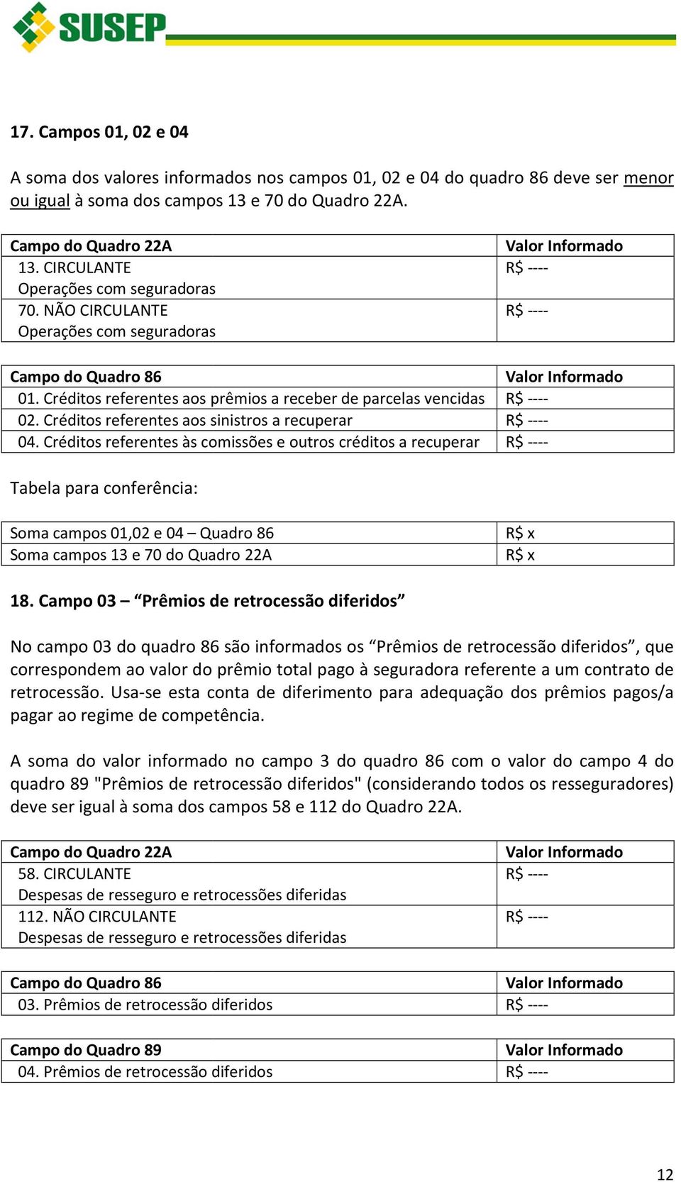 Créditos referentes às comissões e outros créditos a recuperar Tabela para conferência: Soma campos 01,02 e 04 Quadro 86 Soma campos 13 e 70 do Quadro 22A 18.