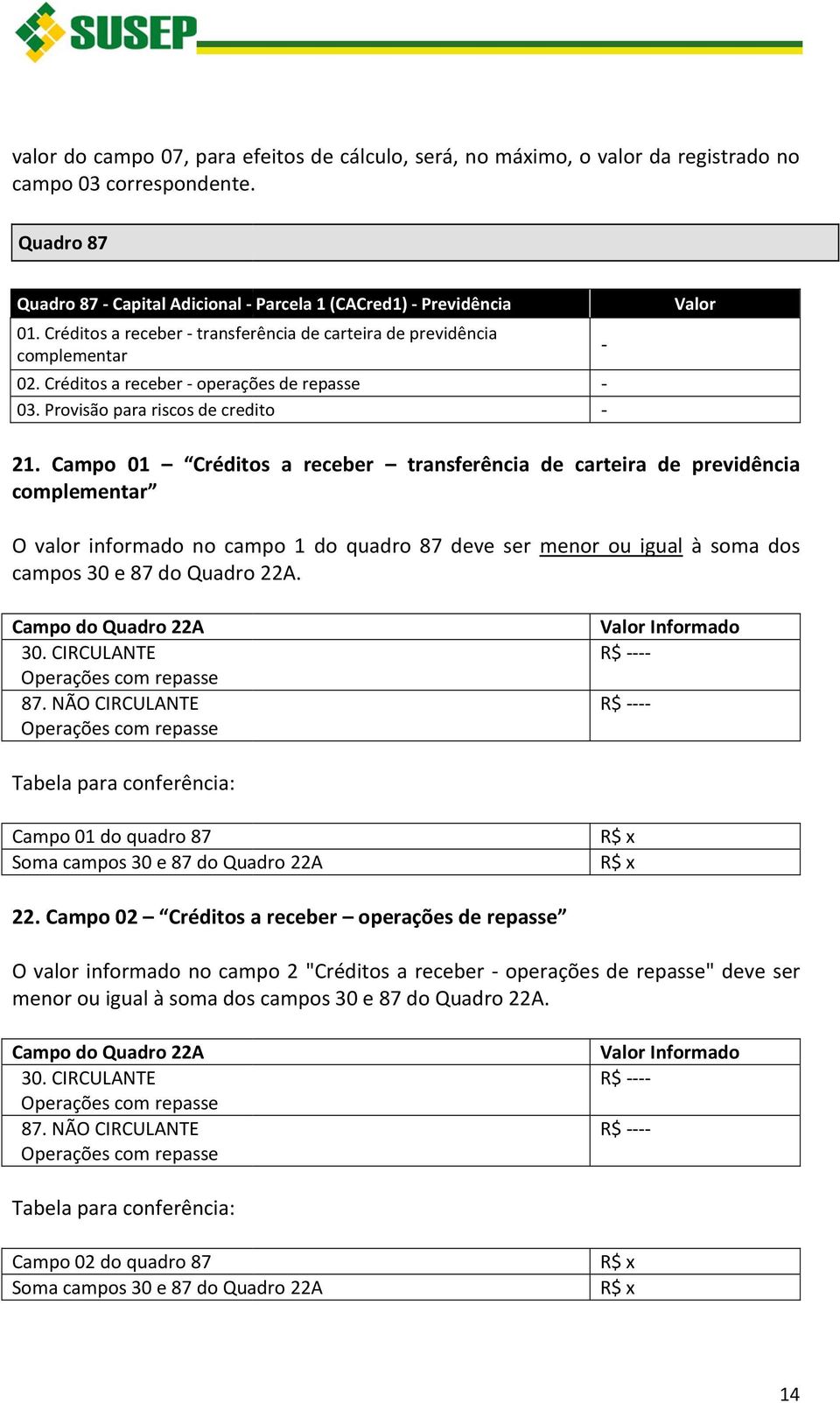 Campo 01 Créditos a receber transferência de carteira de previdência complementar O valor informado no campo 1 do quadro 87 deve ser menor ou igual à soma dos campos 30 