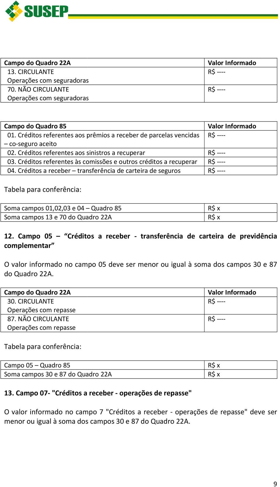 Créditos a receber transferência de carteira de seguros Tabela para conferência: Soma campos 01,02,03 e 04 Quadro 85 Soma campos 13 e 70 do Quadro 22A 12.