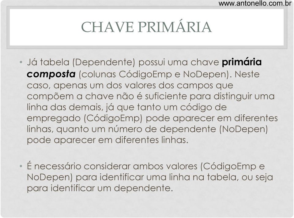 tanto um código de empregado (CódigoEmp) pode aparecer em diferentes linhas, quanto um número de dependente (NoDepen) pode