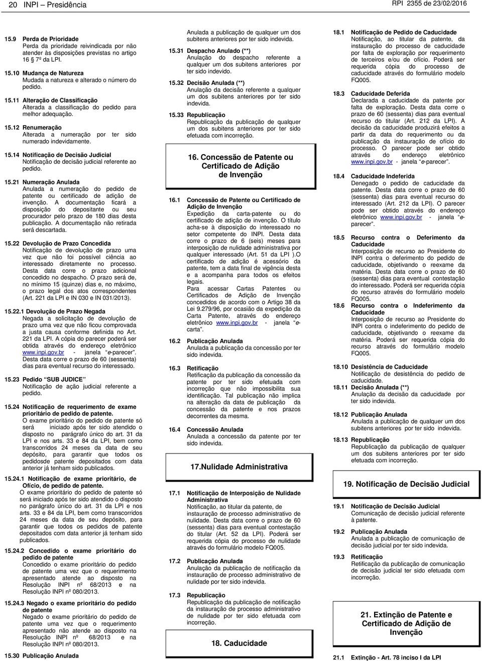 15.21 Numeração Anulada Anulada a numeração do pedido de patente ou certificado de adição de invenção.