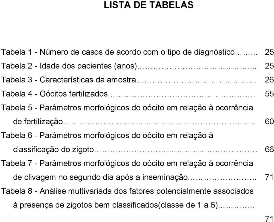 55 Tabela 5 - Parâmetros morfológicos do oócito em relação à ocorrência de fertilização 60 Tabela 6 - Parâmetros morfológicos do oócito em relação à